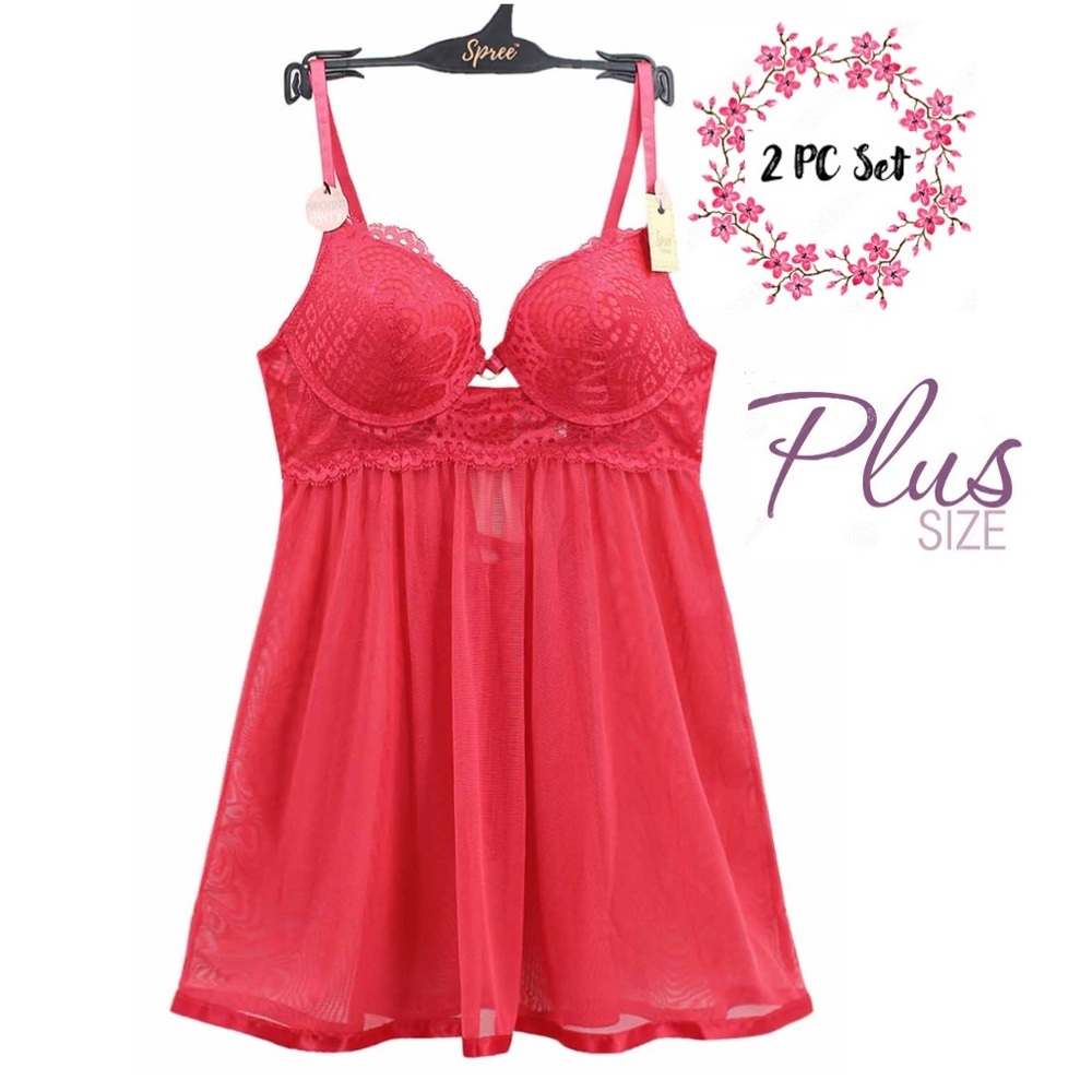 Spree Intimates 2pc Pink Raspberry Lace Underwire Babydoll Nightie Set Size 1X